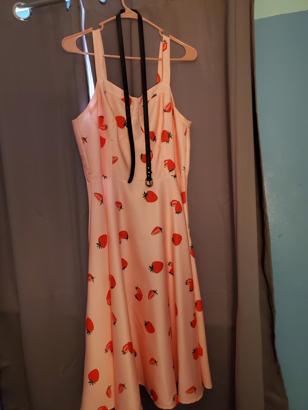 Pink Strawberry-Print Midi Dress with Spaghetti Straps